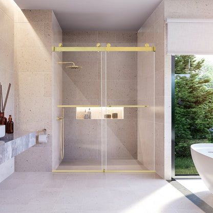 Frameless Exposed Roller Shower Door in Brushed Gold with Clear Glass