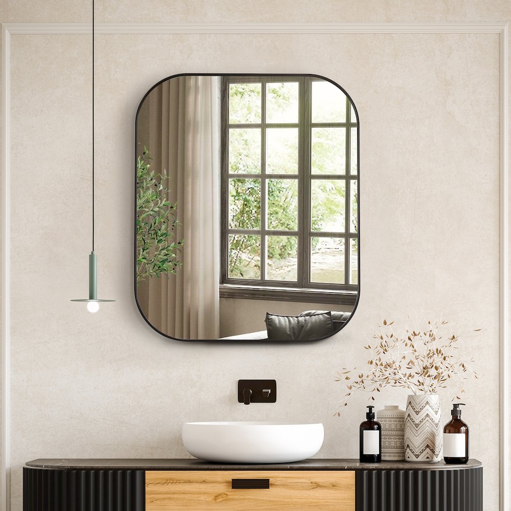 36x30" Rectangular Aluminum Framed in Matte Black Modern Bathroom Wall Mirror