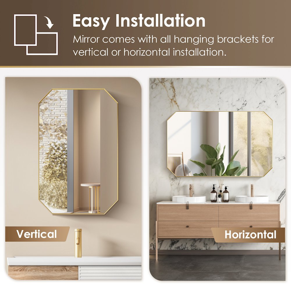 48"x30" Octagon Aluminum Framed in Brushed Gold Modern Bathroom Wall Mirror