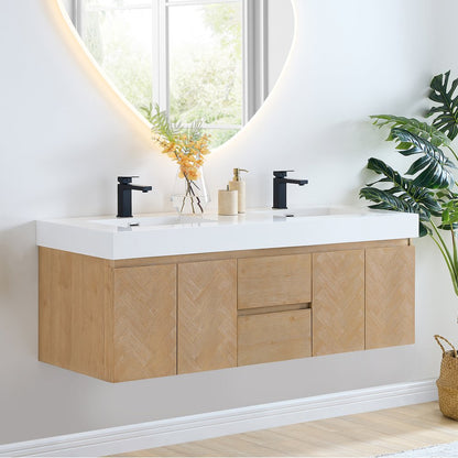 Double Bathroom Vanity in Light Brown White Artificial Drop-in Sink