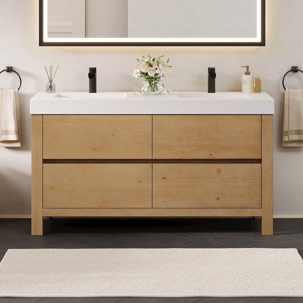 60" Double Bathroom Vanity in with White Artificial Stone Integrated Sink