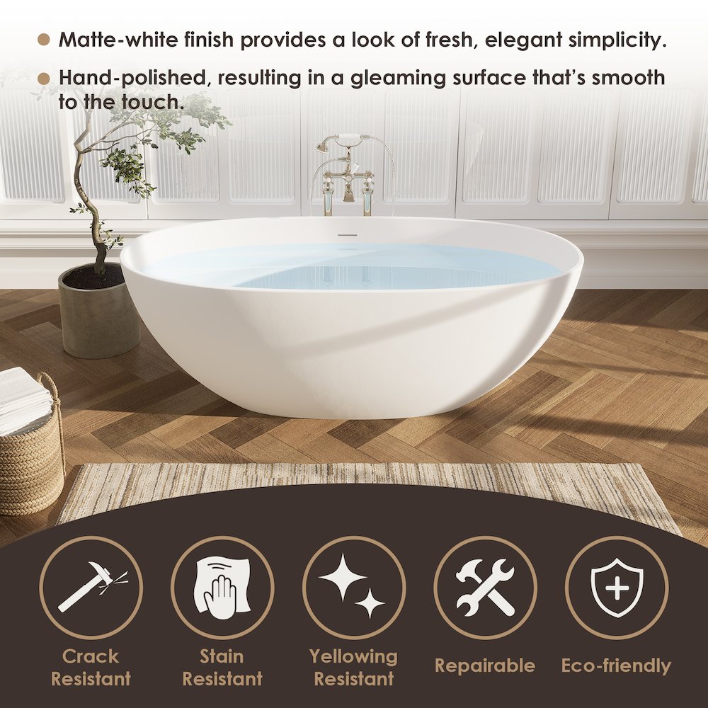 65" x 30" Solid Surface Soaking Bathtub and Integrated Overflow