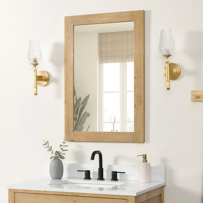 24" Rectangular Bathroom Wood Framed Wall Mirror in Light Brown