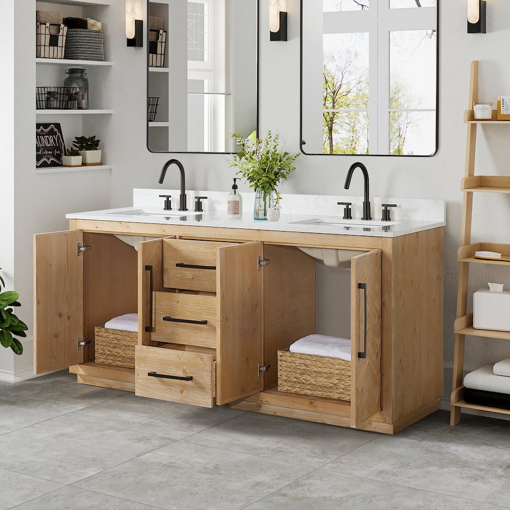 72" Double Bathroom Vanity Grain White Engineered Stone Countertop