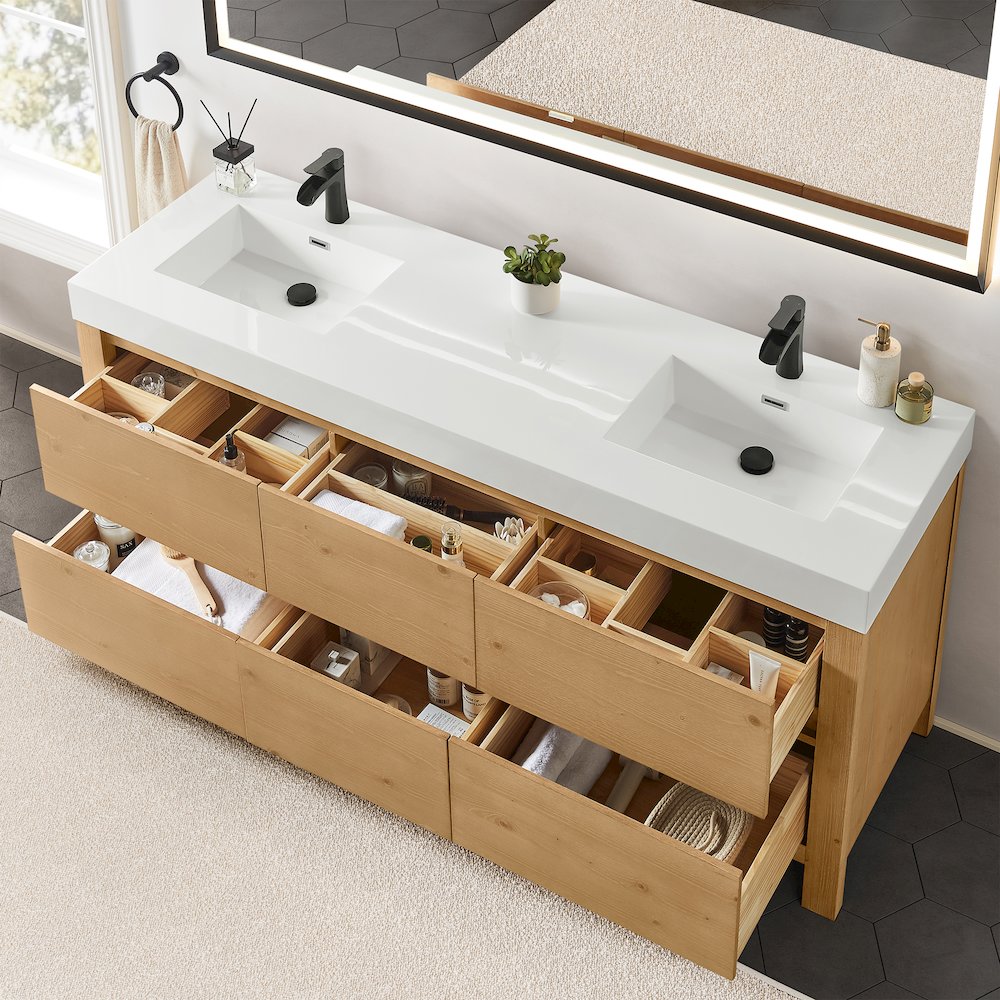 72" Double Bathroom Vanity in with White Artificial Stone Integrated Sink