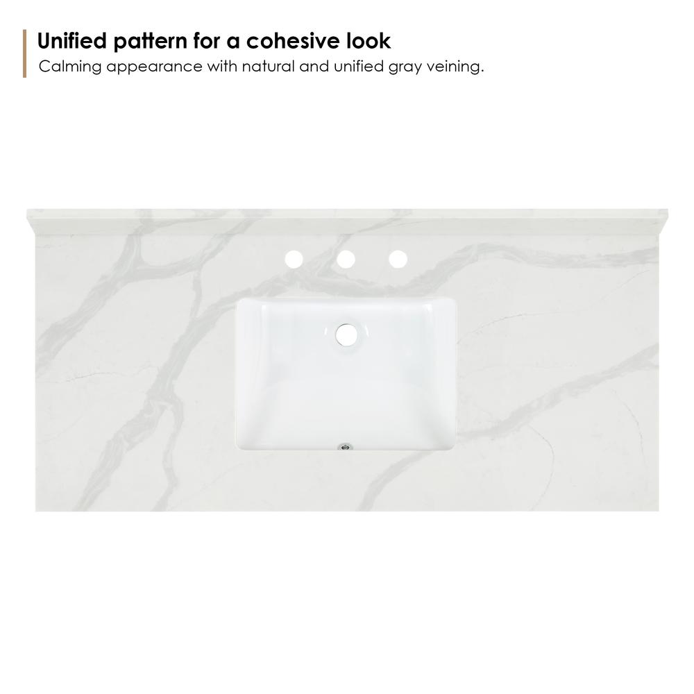 Arbios 48. in Quartz Stone Vanity Top in Calacatta White with White Sink