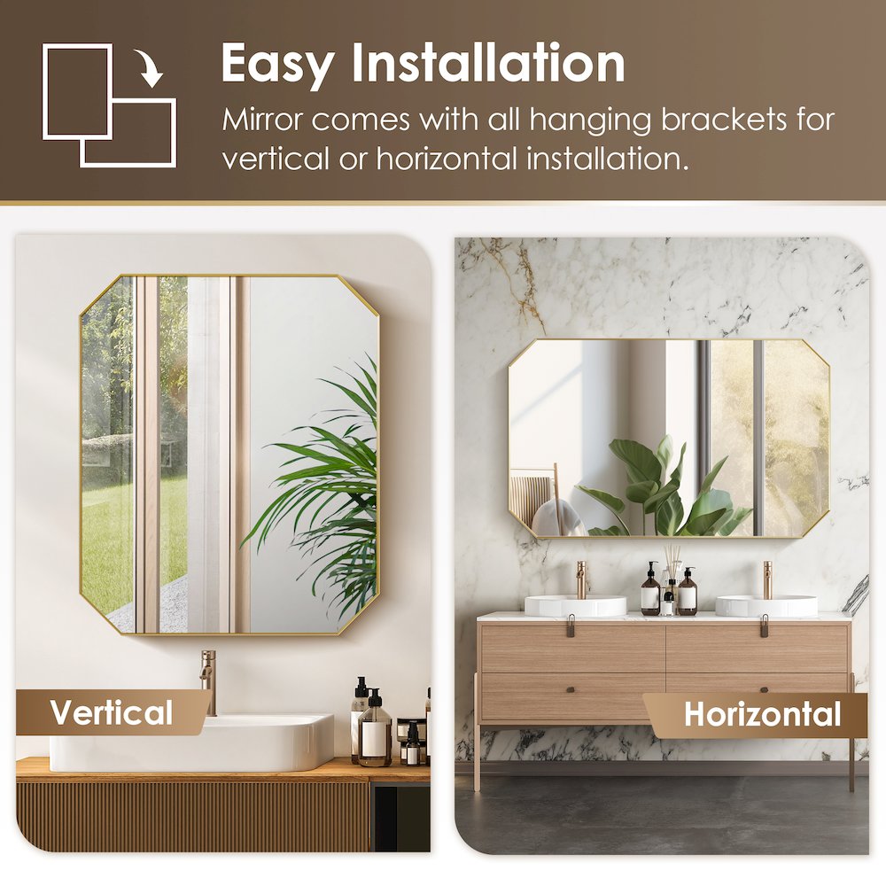 36"x30" Octagon Aluminum Framed in Brushed Gold Modern Bathroom Wall Mirror