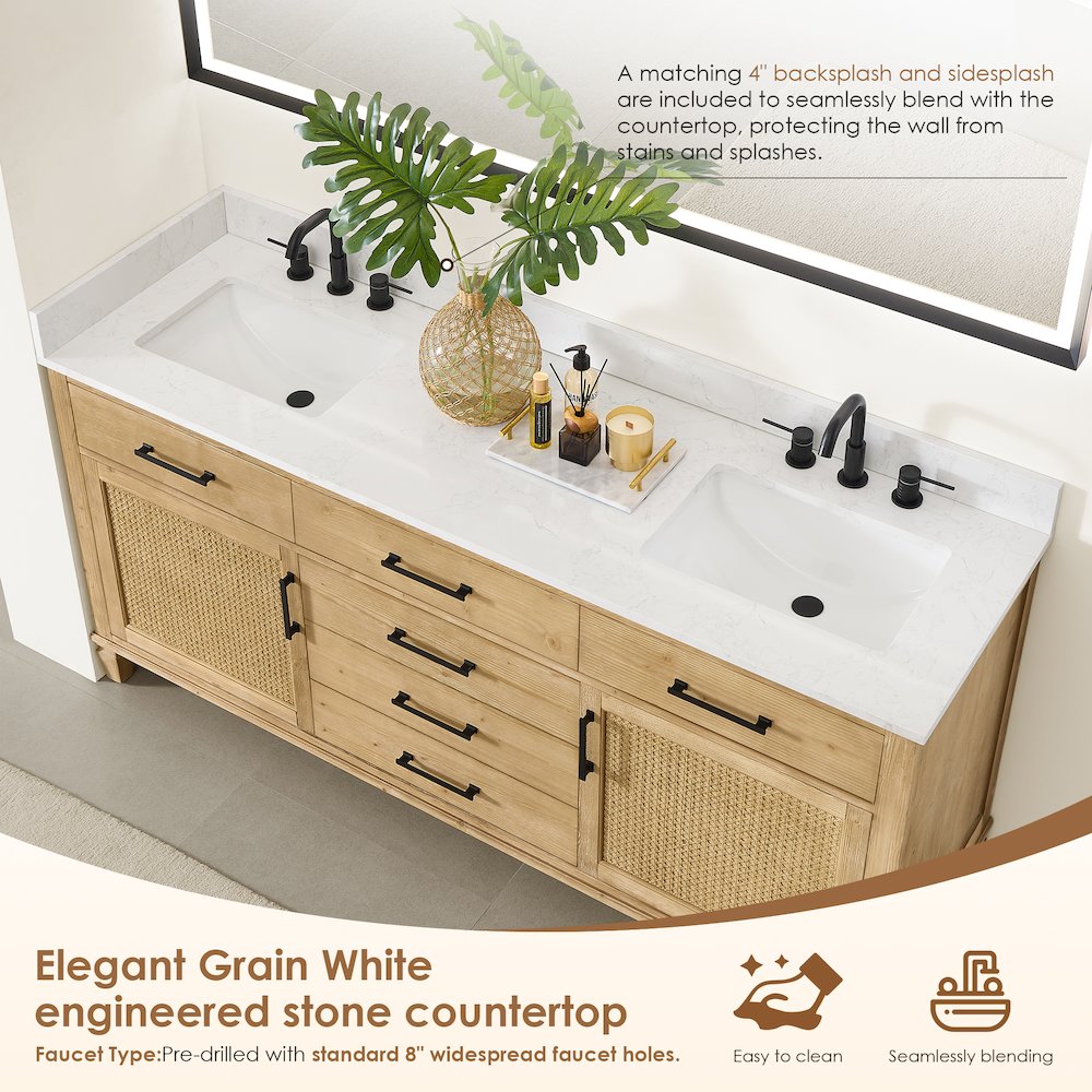 72" Double Bathroom Vanity in with Grain White Engineered Stone Countertop