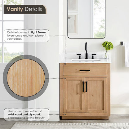 30" Single Bathroom Vanity in Light Brown with Grain White