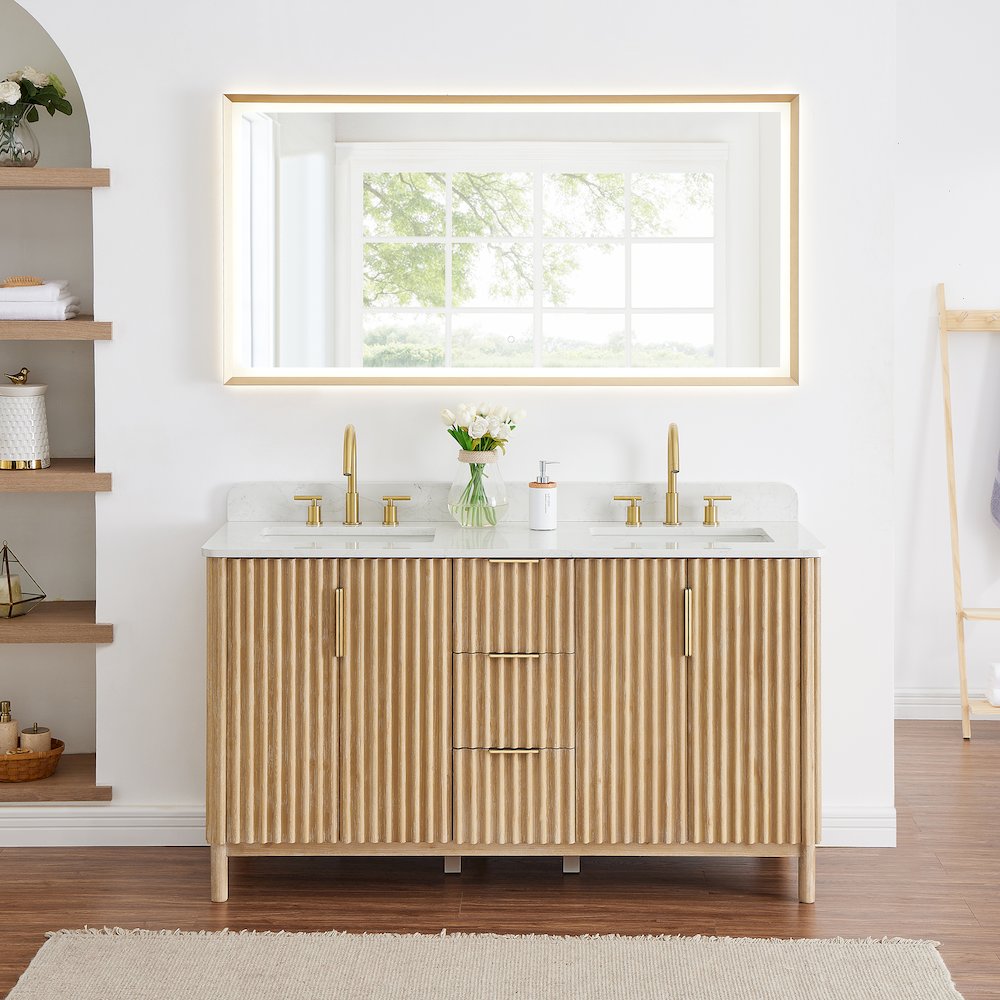 Double Bathroom Vanity in Washing Light Brown Grain White Engineered Stone