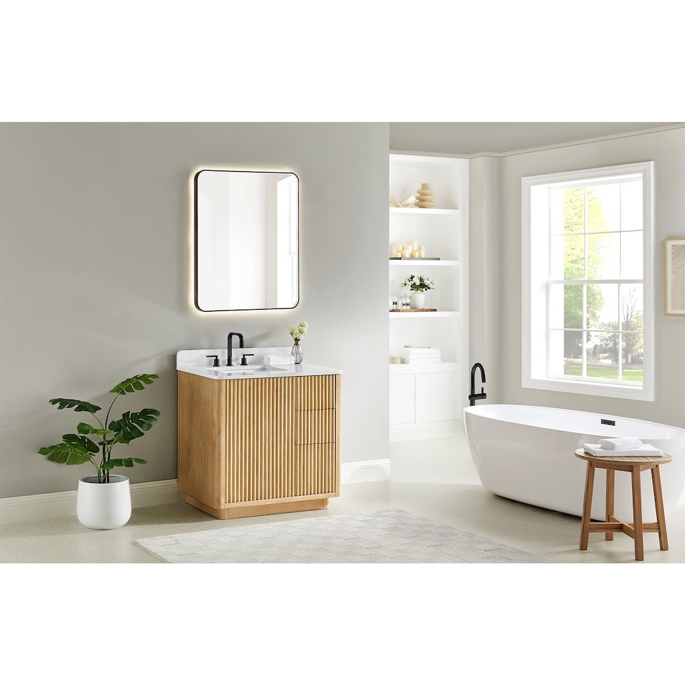 36" Single Bathroom Vanity in Washed Light Brown with Grain White