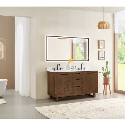 60" Double Bathroom Vanity in Brown Brushed Oak with Grain White