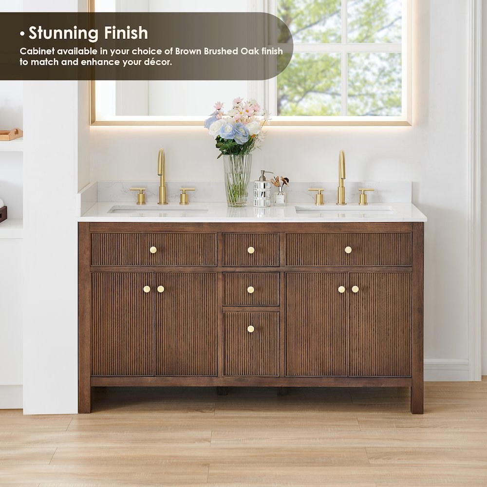 Double Bathroom Vanity in Brown Oak Grain White Engineered Stone Countertop