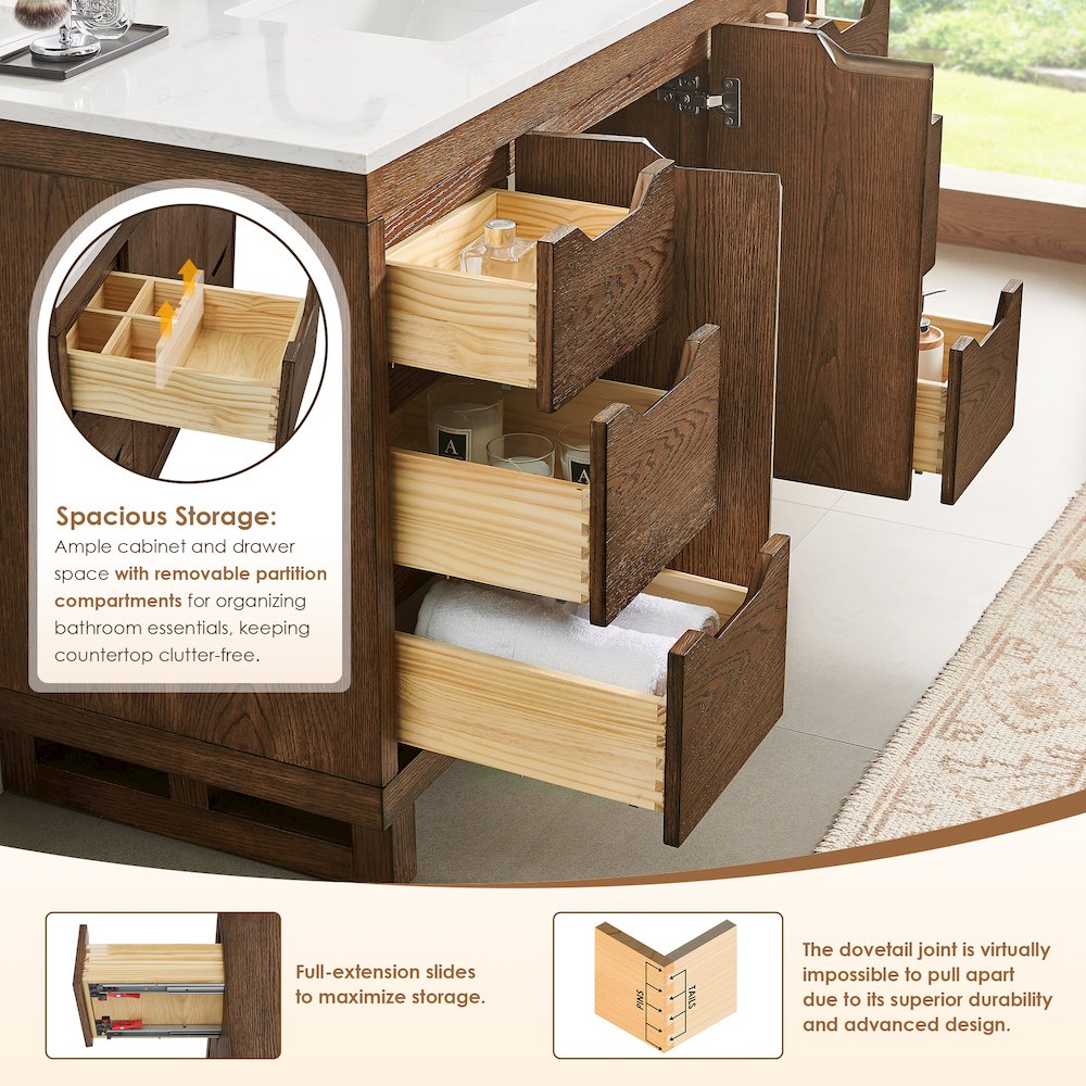 60" Double Bathroom Vanity in Brown Brushed Oak with Grain White