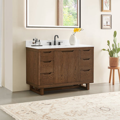 48" Single Bathroom Vanity in Brown Brushed Oak with Grain White
