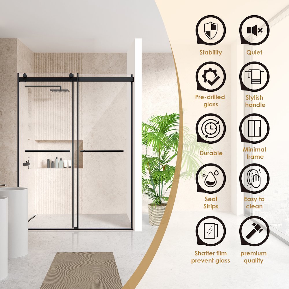 Frameless Exposed Roller Shower Door in Matte Black with Clear Glass