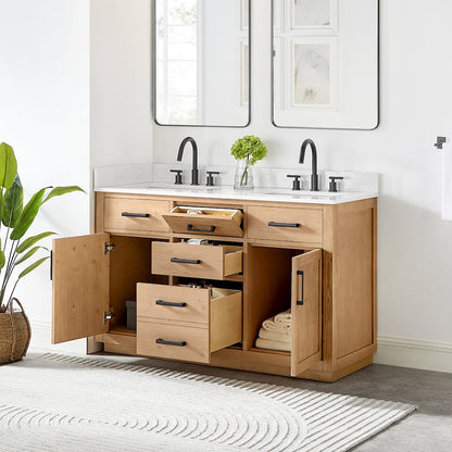 54" Double Bathroom Vanity in Light Brown with Grain White