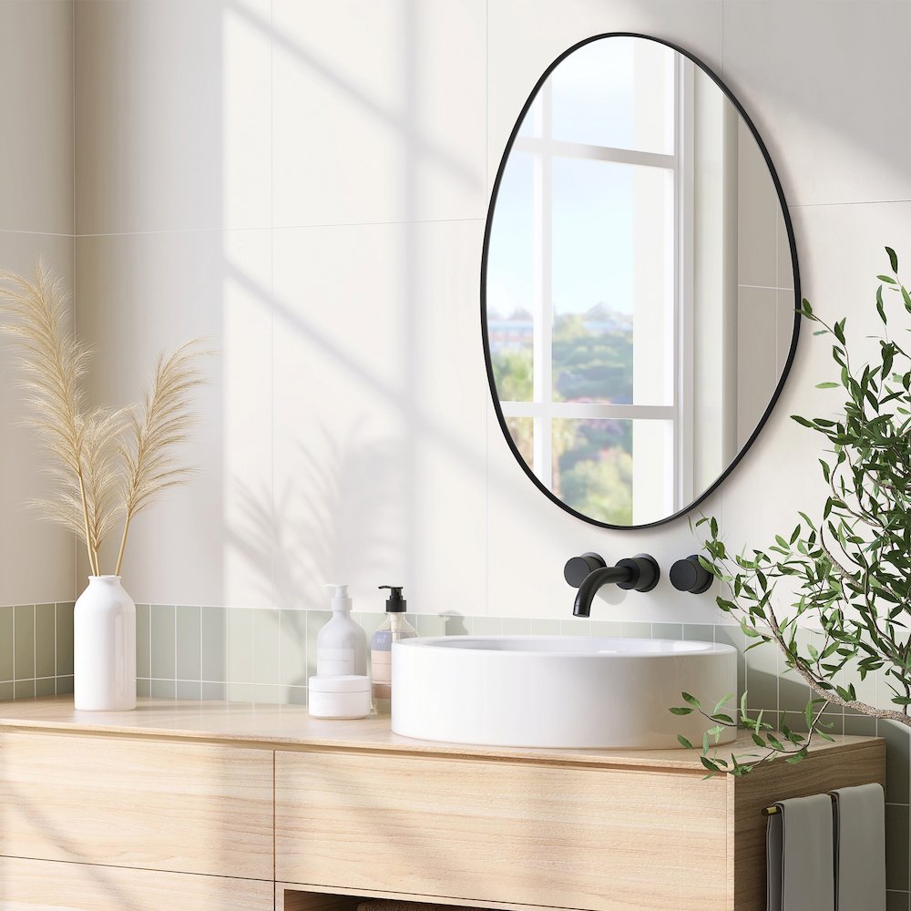 28"x36" Irregular Aluminum Framed in Matte Black Modern Bathroom Wall Mirror