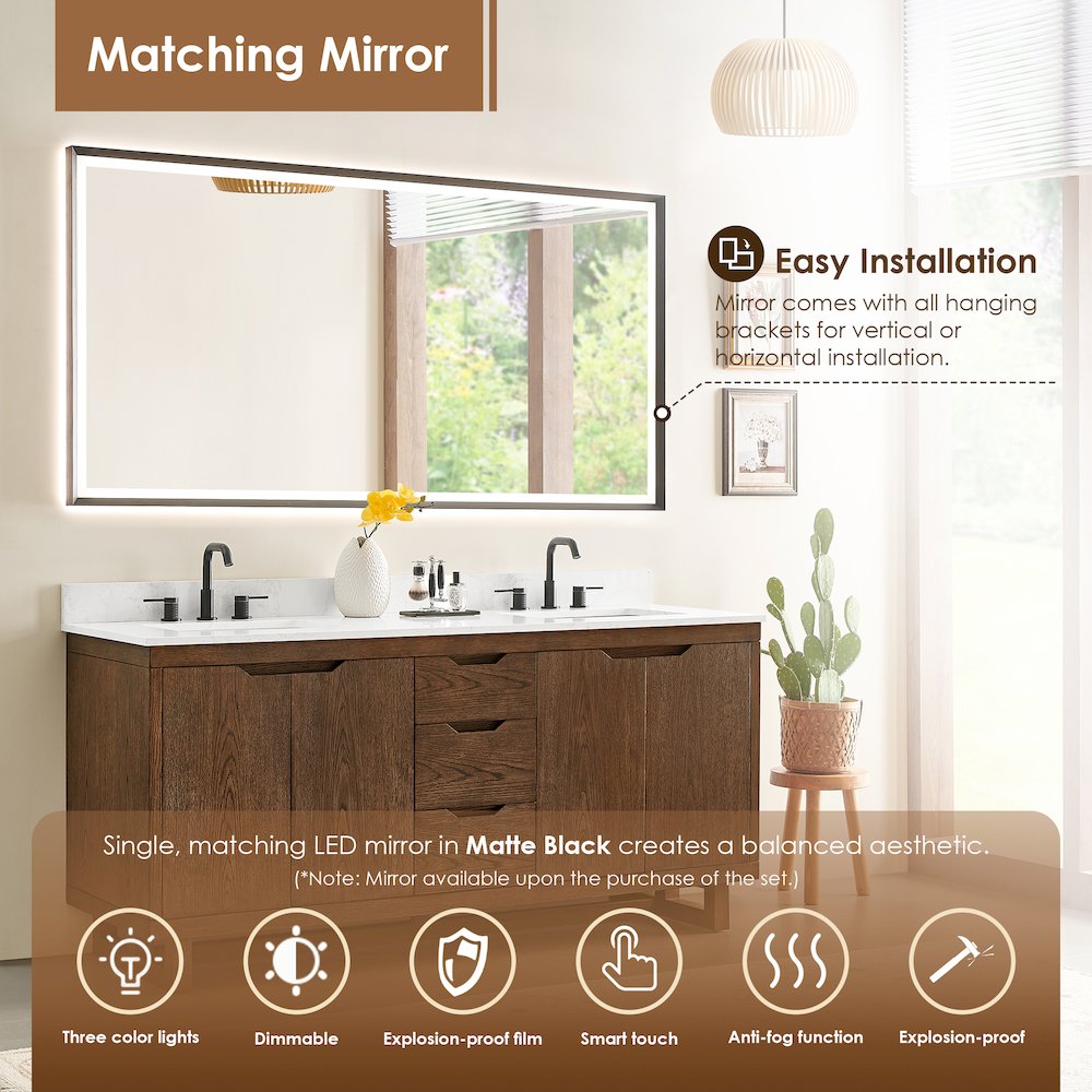 72" Double Bathroom Vanity in Brown Brushed Oak with Grain White