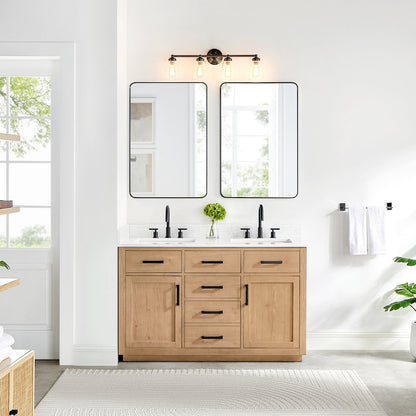54" Double Bathroom Vanity in Light Brown with Grain White