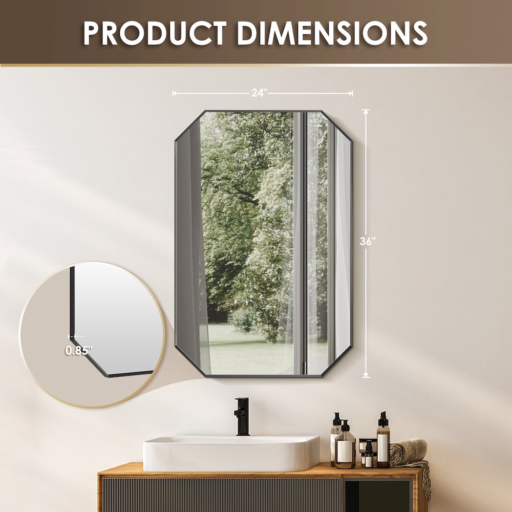 24"x36" Octagon Aluminum Framed in Matte Black Modern Bathroom Wall Mirror