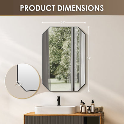 24"x36" Octagon Aluminum Framed in Matte Black Modern Bathroom Wall Mirror