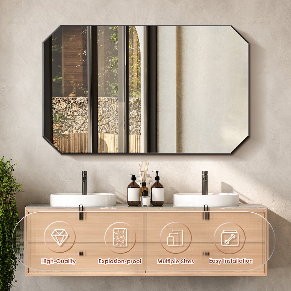 48"x30" Octagon Aluminum Framed in Matte Black Modern Bathroom Wall Mirror