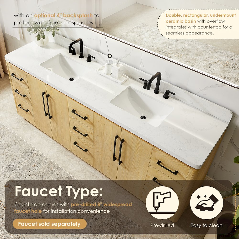 84" Double Bathroom Vanity in Nature Brown with Grain White