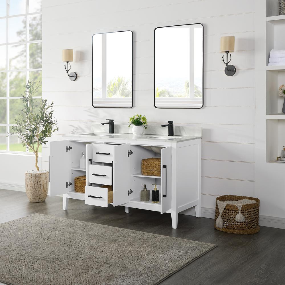 Double Bathroom Vanity in White with White Quartz Stone Countertop with Mirror