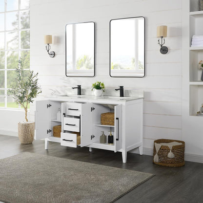 Double Bathroom Vanity in White with White Quartz Stone Countertop with Mirror