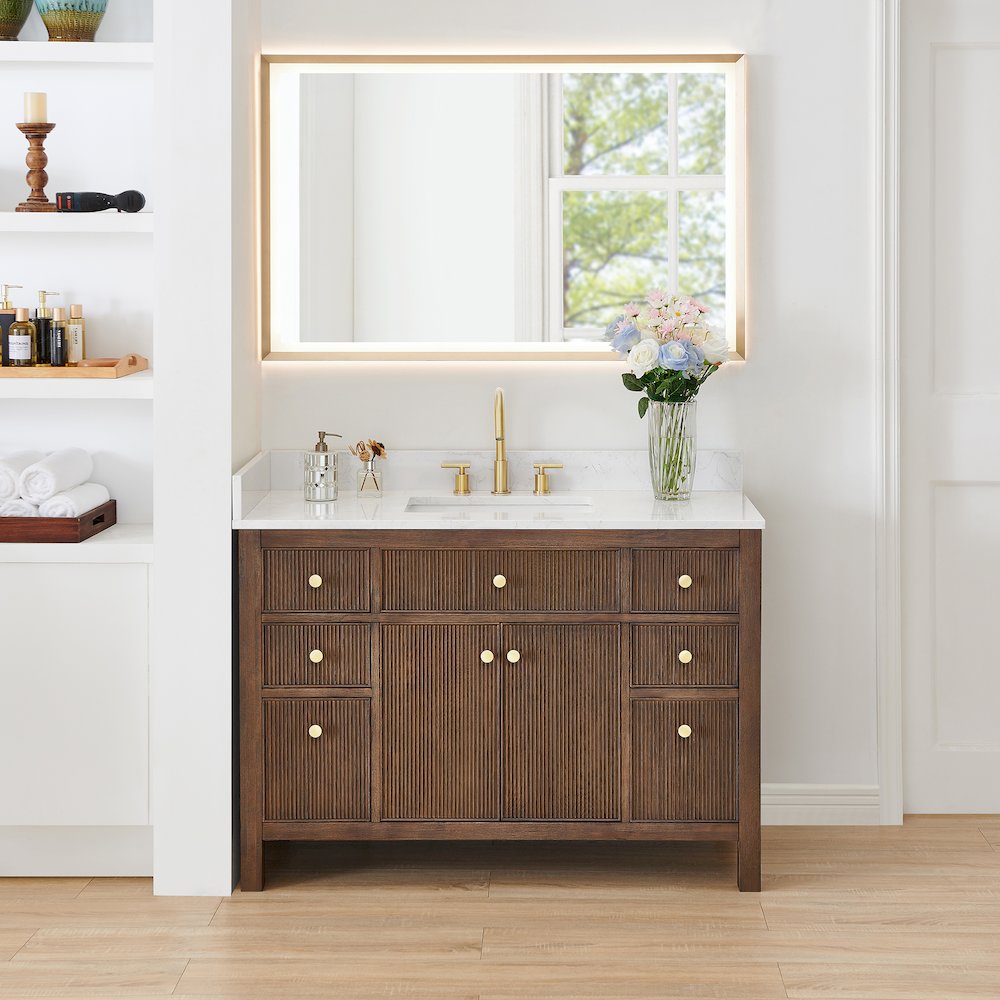 Single Bathroom Vanity in Brown Oak Grain White Engineered Stone Countertop
