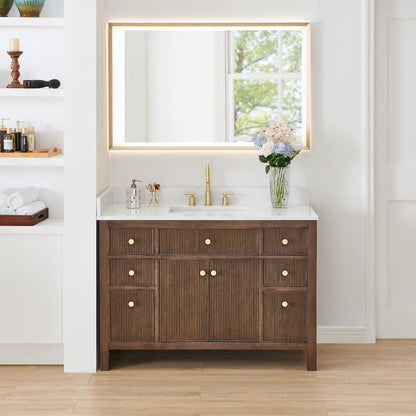 Single Bathroom Vanity in Brown Oak Grain White Engineered Stone Countertop