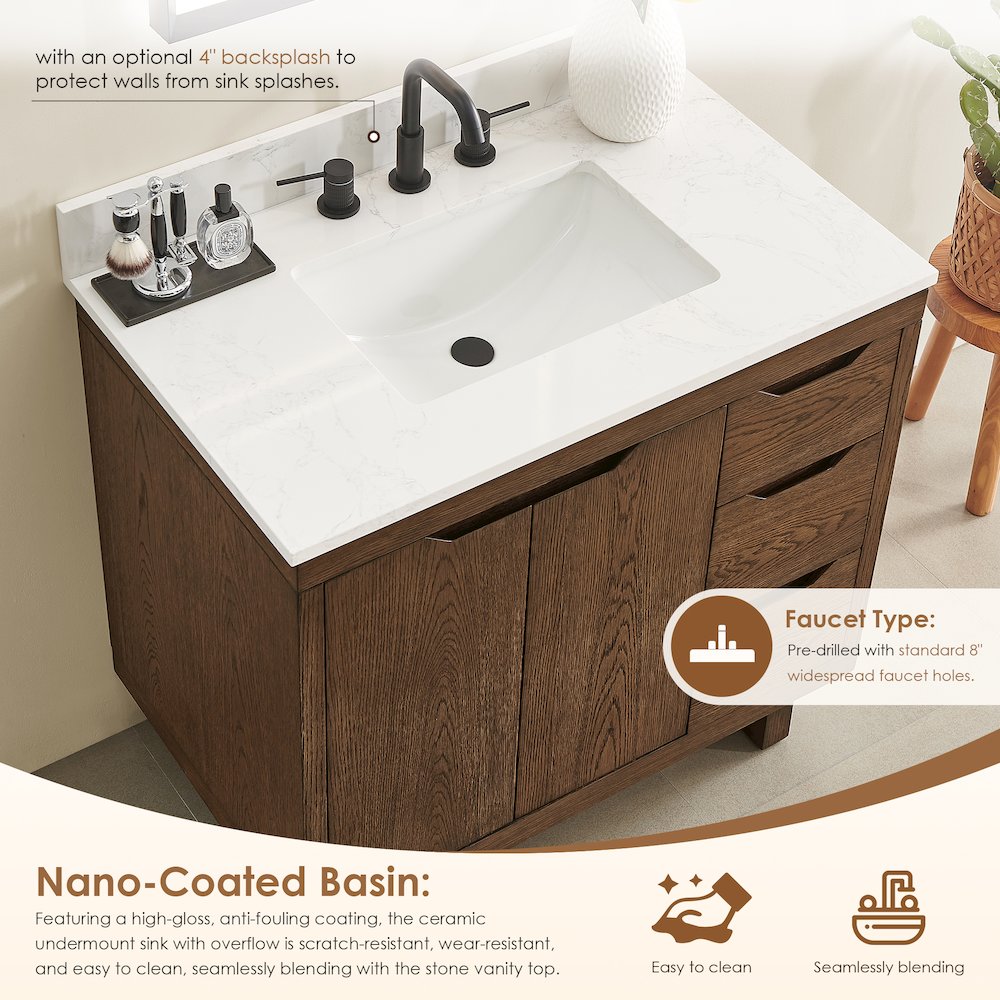 36" Single Bathroom Vanity in Brown Brushed Oak with Grain White