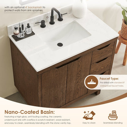 36" Single Bathroom Vanity in Brown Brushed Oak with Grain White