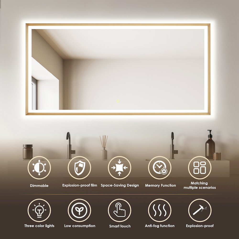 60"x30" Rectangular Wall Mirror in Brushed Gold Aluminum Framed