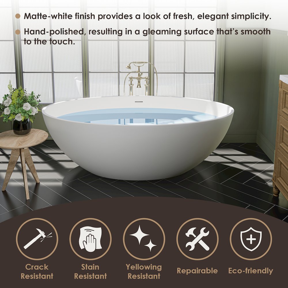 67" x 39" Solid Surface Soaking Bathtub in Matte White and Integrated Overflow