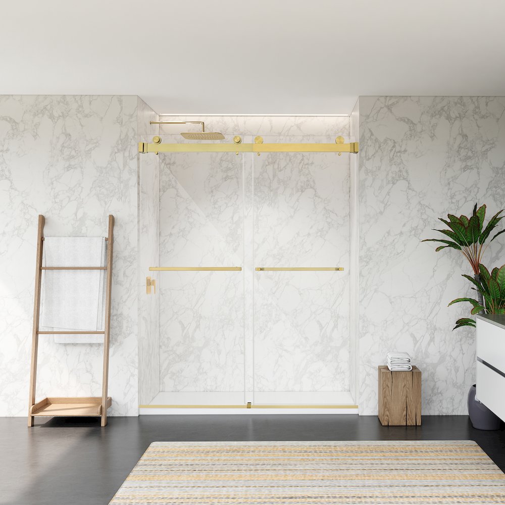 Frameless Exposed Roller Shower Door in Brushed Gold with Clear Glass