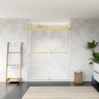 Frameless Exposed Roller Shower Door in Brushed Gold with Clear Glass