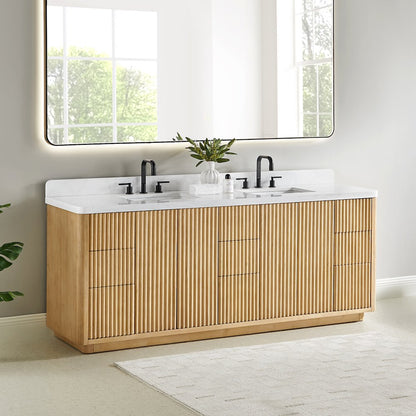 84" Double Bathroom Vanity in Washed Light Brown with Grain White
