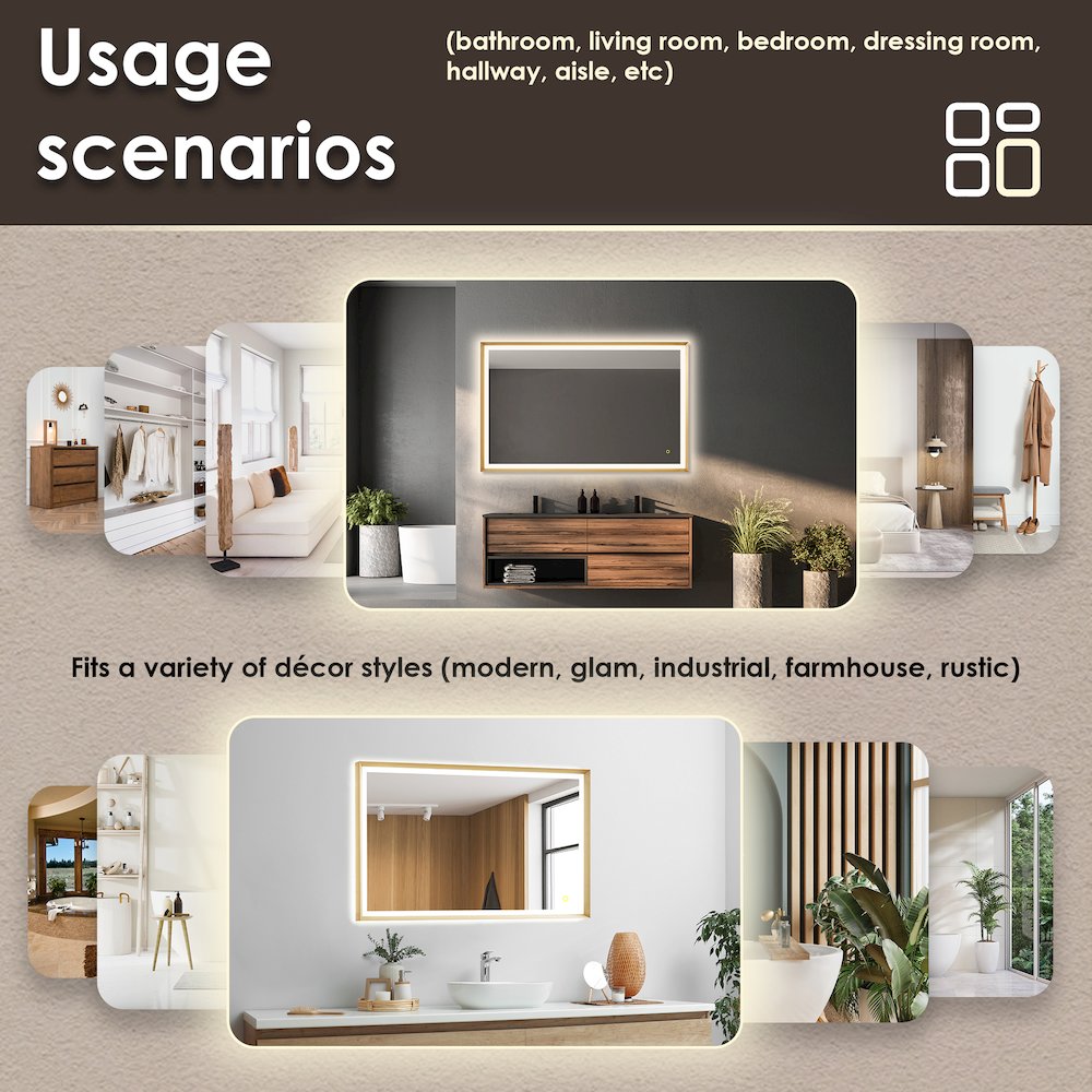 48"x30" Rectangular Wall Mirror in Brushed Gold Aluminum Framed