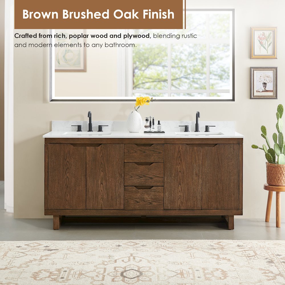 72" Double Bathroom Vanity in Brown Brushed Oak with Grain White
