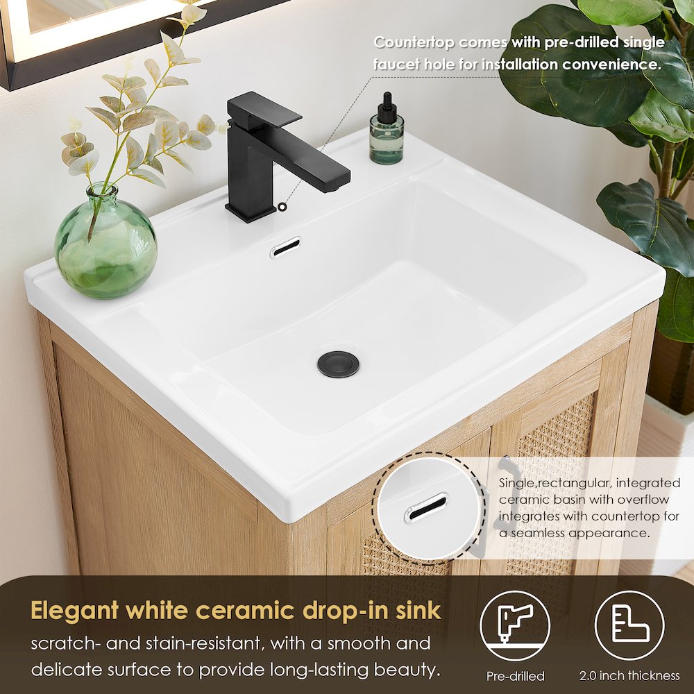Single Bathroom Vanity in Light Brown White Ceramic Drop-in Sink