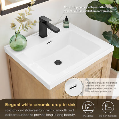 Single Bathroom Vanity in Light Brown White Ceramic Drop-in Sink