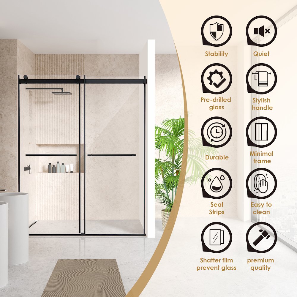 Frameless Exposed Roller Shower Door in Matte Black with Clear Glass