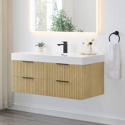 Single Bathroom Vanity in Nature Brown White Artificial Drop-in Sink