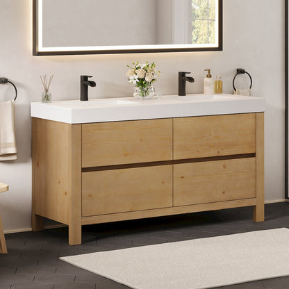 60" Double Bathroom Vanity in with White Artificial Stone Integrated Sink