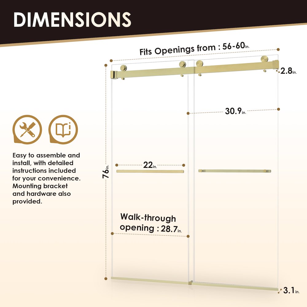 Frameless Exposed Roller Shower Door in Brushed Gold with Clear Glass