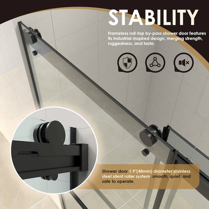 Frameless Exposed Roller Shower Door in Matte Black with Clear Glass