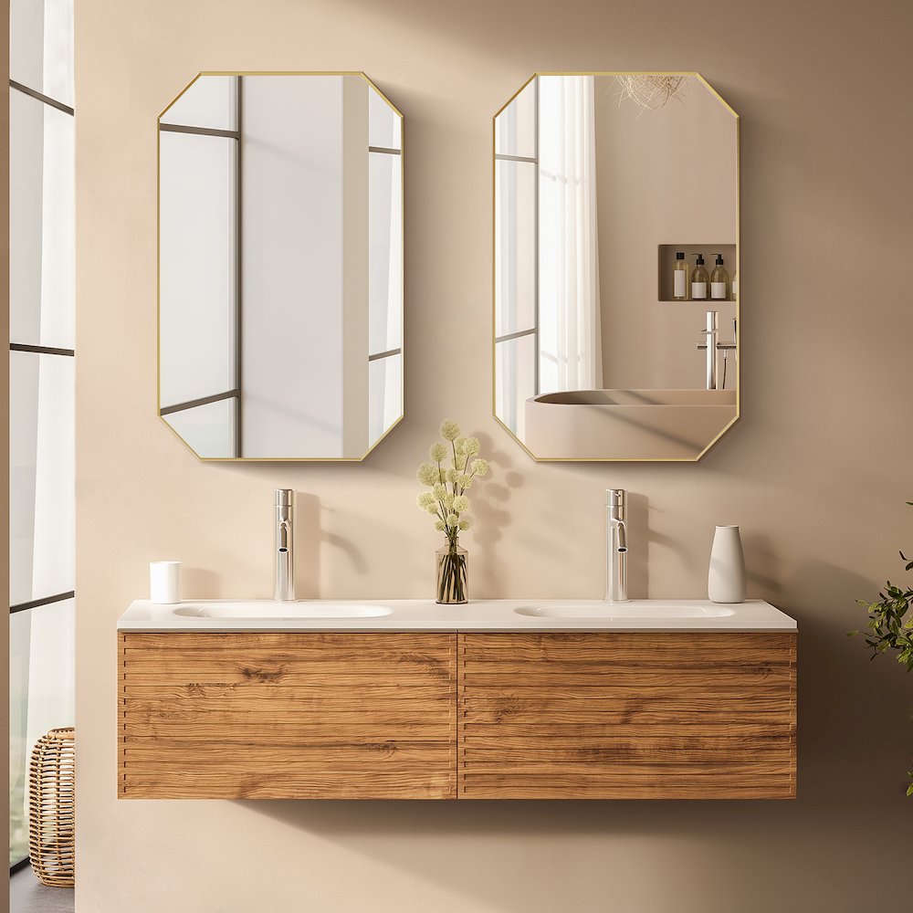 24"x36" Octagon Aluminum Framed in Brushed Gold Modern Bathroom Wall Mirror