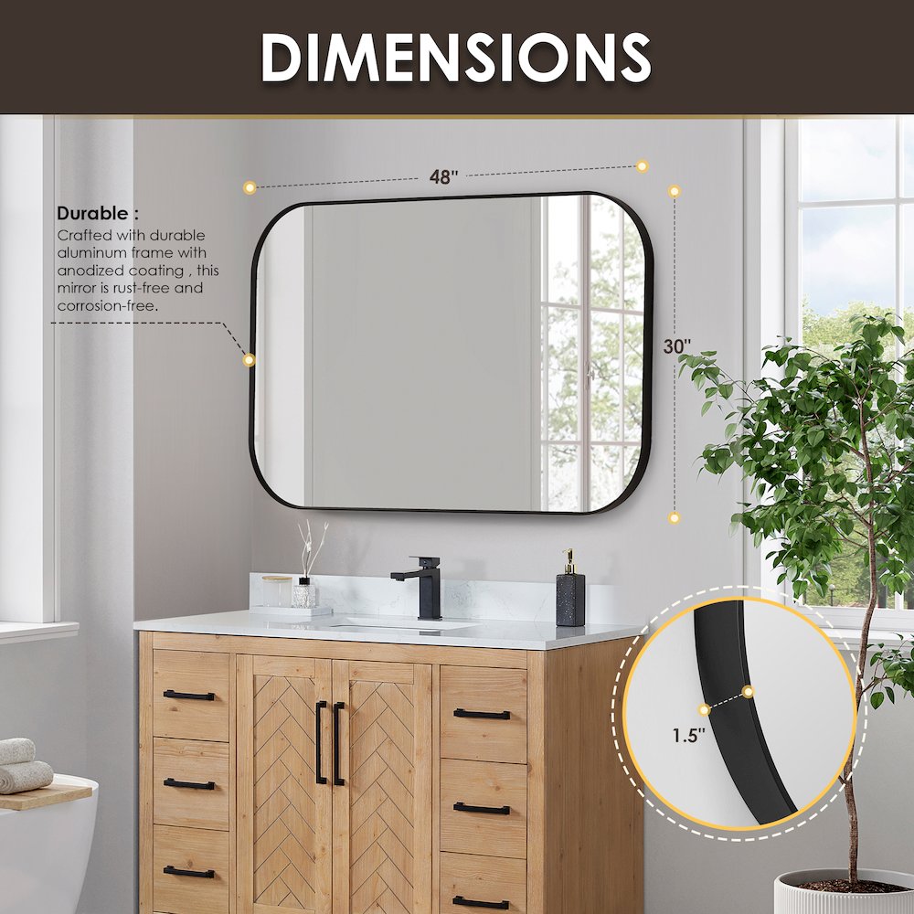 48x30" Rectangular Aluminum Framed in Matte Black Modern Bathroom Wall Mirror